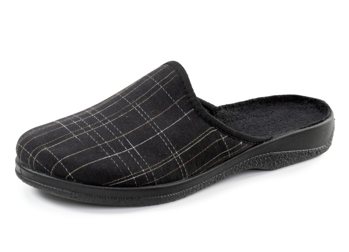 Hausschuhe - Pantoffel aus kariertem Textil, in Größe 040 bis 046, in Farbe SCHWARZ-BRAUN Ansicht 1