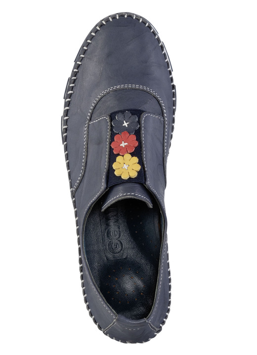 Slipper & Schnürschuhe - Gemini Slipper mit dezenter Knitter-Struktur und bunten Leder-Blüten, in Größe 036 bis 042, in Farbe MARINE Ansicht 2