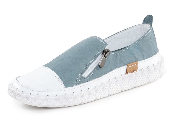 Slipper & Schnürschuhe - ELENA EDEN Slipper mit Knitter-Struktur, in Größe 036 bis 041, in Farbe JEANS-WEISS Ansicht 1