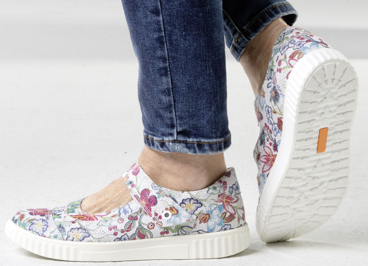 Schuhe - Slipper aus floral bedrucktem Leder, in Größe 036 bis 042, in Farbe ECRU-BUNT Ansicht 4