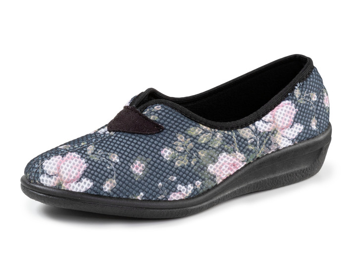 Hausschuhe - Bequeme Damen-Hausschuhe, Weite H, aus floral bedrucktem Meshmaterial, in Größe 036 bis 042, in Farbe GRAU-BUNT Ansicht 1