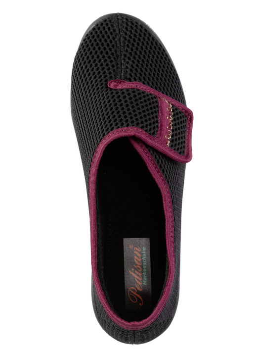 Hausschuhe - Klettschuh mit hübscher Bordüre, in Größe 036 bis 042, in Farbe SCHWARZ-BORDEAUX Ansicht 2