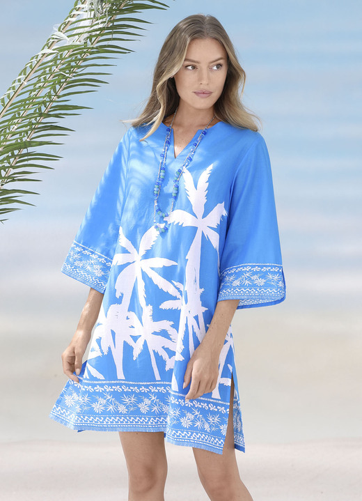Strandkleider - Tunika mit Palmendruck, reine Baumwolle, in Größe 036 bis 056, in Farbe BLAU-WEISS Ansicht 1