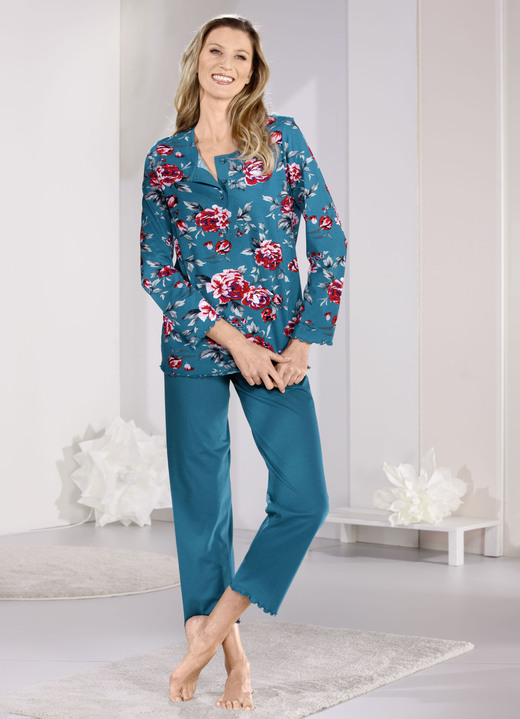 Schlafanzüge & Shortys - Zweierpack Schlafanzüge mit gebogten Abschlüssen , in Größe 036 bis 056, in Farbe 1X SAFRAN-BUNT, 1X PETROL-BUNT Ansicht 5