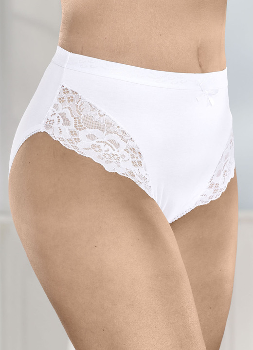 Damen - Viererpack Slips mit elastischer Spitze, in Größe 038 bis 052, in Farbe WEISS Ansicht 1