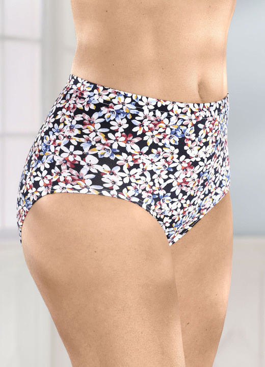 Wäsche - Viererpack Slips mit farbbrillantem Blümchendessin, in Größe 038 bis 054, in Farbe MARINE-WEISS-BUNT Ansicht 1