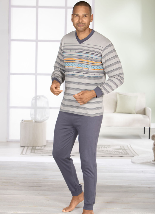 Schlafanzüge - Set: Schlafanzug und Shorty mit V-Ausschnitt, in Größe 046 bis 062, in Farbe GRAU-BUNT Ansicht 4