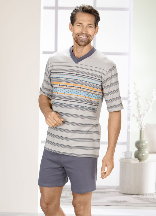 Schlafanzüge - Set: Schlafanzug und Shorty mit V-Ausschnitt, in Größe 046 bis 062, in Farbe GRAU-BUNT Ansicht 2