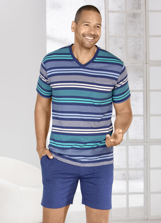 Shortys - Shorty mit V-Ausschnitt und garngefärbtem Ringel Ansicht 2 Shortys - Shorty mit V-Ausschnitt und garngefärbtem Ringel, in Größe 046 bis 060, in Farbe BLAU-GRÜN-BUNT Ansicht 2