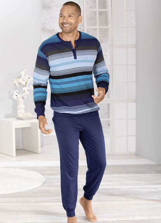 Herren - Schlafanzug mit Knopfleiste und Bündchenabschlüssen , in Größe 046 bis 062, in Farbe MARINE-BLEU Ansicht 2