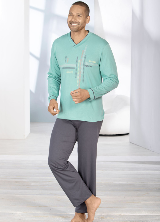 Schlafanzüge - Schlafanzug mit V-Ausschnitt und offenen Abschlüssen Ansicht 2 Schlafanzüge - Schlafanzug mit V-Ausschnitt und offenen Abschlüssen, in Größe 046 bis 106, in Farbe TÜRKIS-GRAFIT Ansicht 2