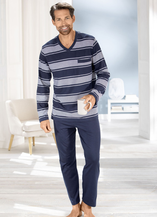 Schlafanzüge - Zweierpack Schlafanzüge mit V-Ausschnitt und offenen Abschlüssen Ansicht 2 Schlafanzüge - Zweierpack Schlafanzüge mit V-Ausschnitt und offenen Abschlüssen, in Größe 046 bis 062, in Farbe 1X MARINE-WEISS, 1X WEISS-MARINE Ansicht 2