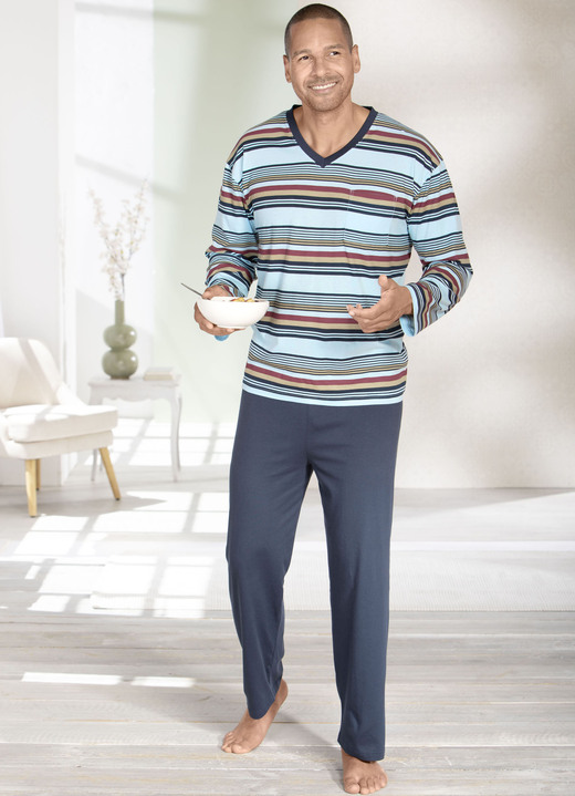 Schlafanzüge - Zweierpack Schlafanzüge mit V-Ausschnitt Ansicht 4 Schlafanzüge - Zweierpack Schlafanzüge mit V-Ausschnitt, in Größe 046 bis 062, in Farbe 1X HELLGRÜN-MARINE-BUNT, 1X HELLBLAU-MARINE-BUNT Ansicht 4