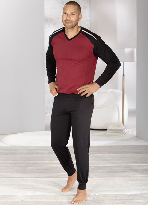 Schlafanzüge - Zweierpack Schlafanzüge mit V-Ausschnitt und Bündchenabschlüssen , in Größe 046 bis 062, in Farbe 1X BORDEAUX-SCHWARZ, 1X TÜRKIS-MARINE Ansicht 1