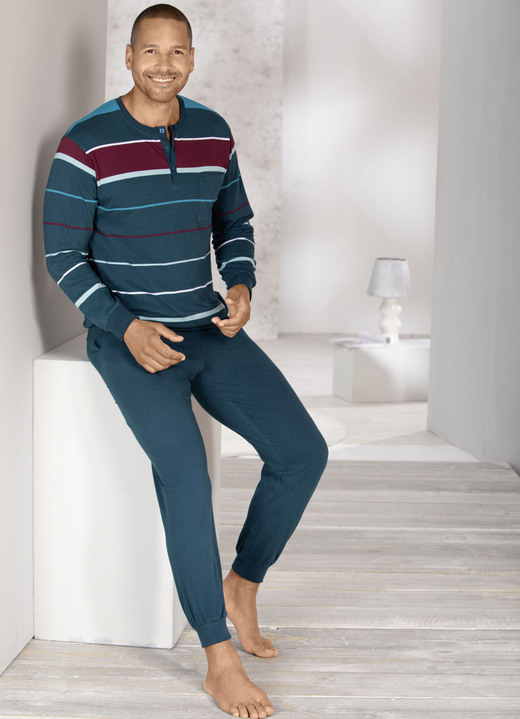 Schlafanzüge - Schlafanzug mit Knopfleiste und Bündchenabschlüssen , in Größe 046 bis 062, in Farbe PETROL-BUNT Ansicht 2