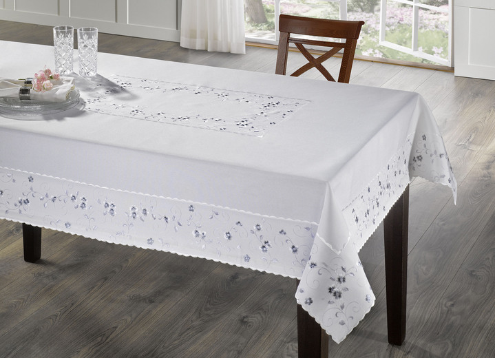 Heimtextilien - Bestickte Tisch- und Raumdekoration mit Blümchen-Bordüre, in Größe 140 (Läufer, 40/ 90 cm) bis 404 (Kissenbezug, 40/ 40 cm), in Farbe WOLLWEISS-GRAU Ansicht 3