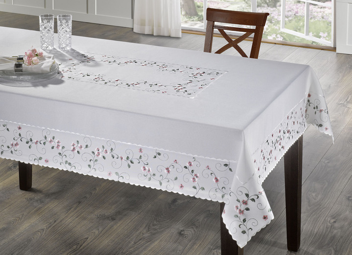 Heimtextilien - Bestickte Tisch- und Raumdekoration mit Blümchen-Bordüre, in Größe 140 (Läufer, 40/ 90 cm) bis 404 (Kissenbezug, 40/ 40 cm), in Farbe WOLLWEISS-GRAU Ansicht 8