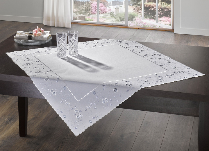 Heimtextilien - Bestickte Tisch- und Raumdekoration mit Blümchen-Bordüre, in Größe 140 (Läufer, 40/ 90 cm) bis 404 (Kissenbezug, 40/ 40 cm), in Farbe WOLLWEISS-GRAU Ansicht 2