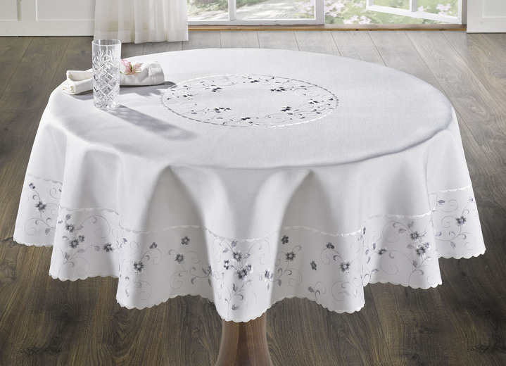 Heimtextilien - Bestickte Tisch- und Raumdekoration mit Blümchen-Bordüre, in Größe 140 (Läufer, 40/ 90 cm) bis 404 (Kissenbezug, 40/ 40 cm), in Farbe WOLLWEISS-GRAU Ansicht 4