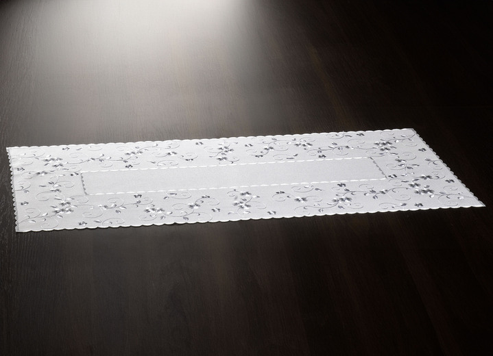 Heimtextilien - Bestickte Tisch- und Raumdekoration mit Blümchen-Bordüre, in Größe 140 (Läufer, 40/ 90 cm) bis 404 (Kissenbezug, 40/ 40 cm), in Farbe WOLLWEISS-GRAU Ansicht 1