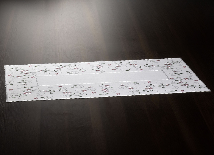Heimtextilien - Bestickte Tisch- und Raumdekoration mit Blümchen-Bordüre, in Größe 140 (Läufer, 40/ 90 cm) bis 404 (Kissenbezug, 40/ 40 cm), in Farbe WOLLWEISS-ROSA Ansicht 1