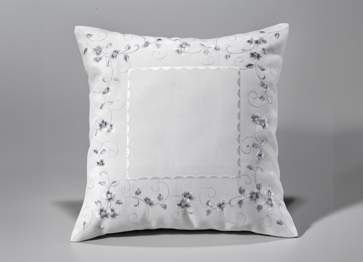 Heimtextilien - Bestickte Tisch- und Raumdekoration mit Blümchen-Bordüre, in Größe 140 (Läufer, 40/ 90 cm) bis 404 (Kissenbezug, 40/ 40 cm), in Farbe WOLLWEISS-GRAU Ansicht 5