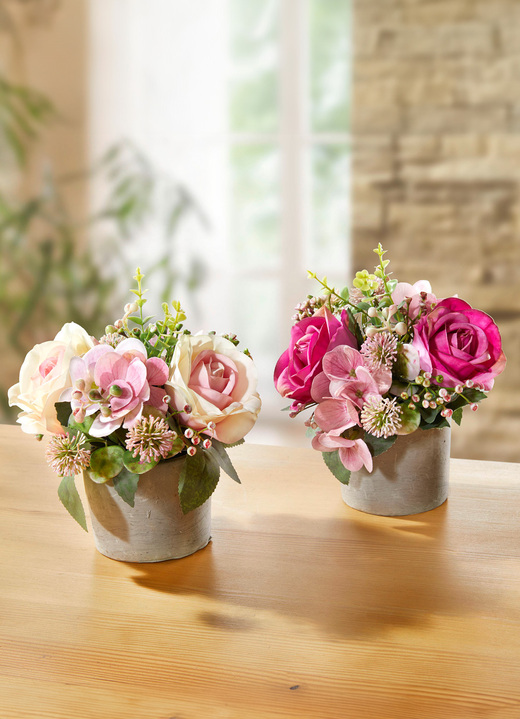 Kunst- & Textilpflanzen - 2er-Set Gestecke mit Rosen und Hortensien, in Farbe ROSA-PINK