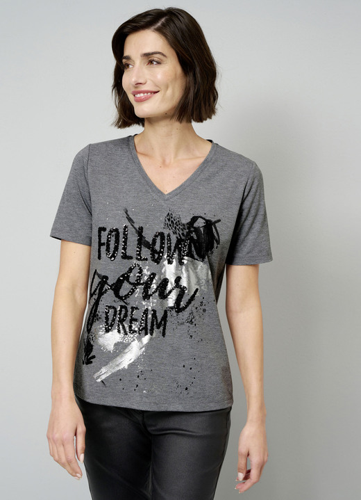 Shirts - Shirt mit aufwendiger Pailettenzier, in Größe 038 bis 048, in Farbe GRAU MELIERT-SCHWARZ Ansicht 1