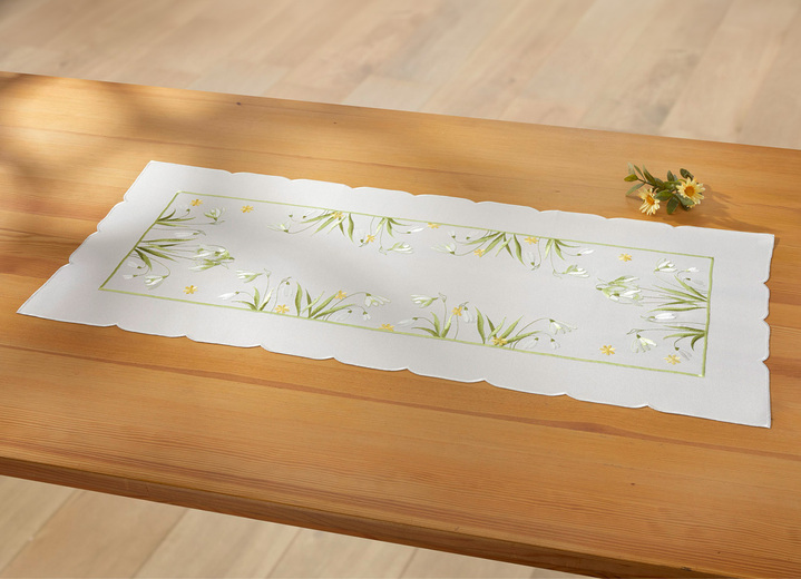Heimtextilien - Bestickte Tisch- und Raumdekoration mit Schneeglöckchen-Dessin, in Größe 101 (Deckchen, 35/ 50 cm) bis 404 (Kissenbezug, 40/ 40 cm), in Farbe SEKT-BUNT Ansicht 3