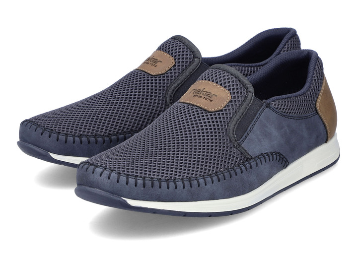 Slipper & Schnürschuhe - Rieker, sommerliche Herren-Slipper, mit Gummizug, in Größe 040 bis 046, in Farbe BLAU-BRAUN Ansicht 4