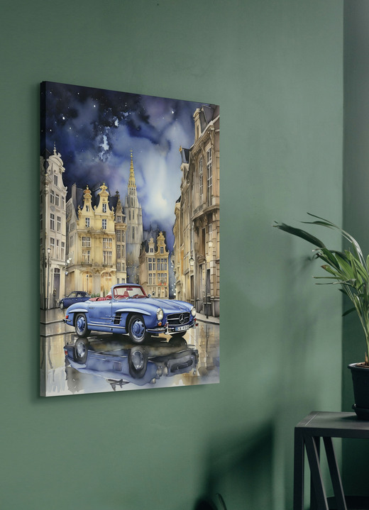Landschaft - Bild: Mercedes 190SL in einer Stadt, in Farbe BLAU-NATUR Ansicht 1