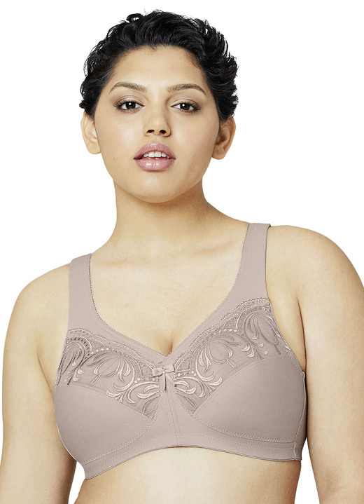 Damenwäsche - Glamorise Stütz-BH mit Stickereispitze, in Größe 080 bis 130, in Cup H, in Farbe TAUPE Ansicht 1