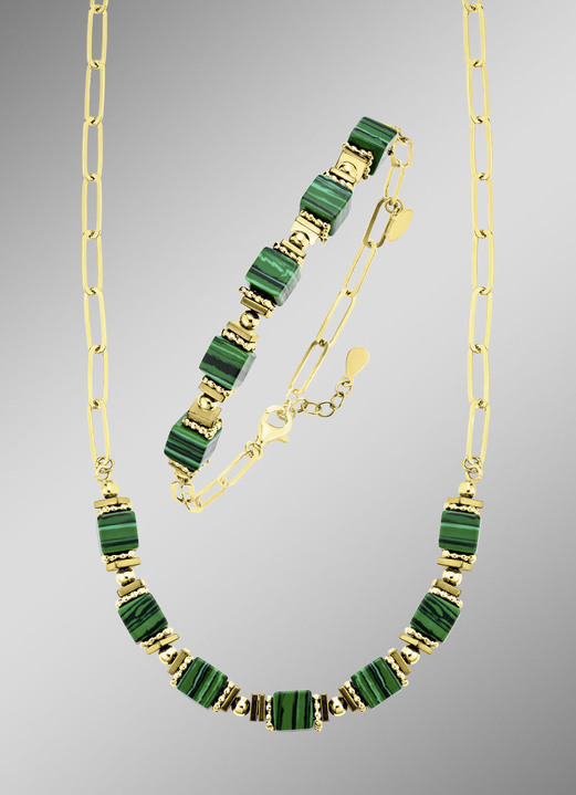 Halsketten - Eleganz trifft auf Moderne – Garnitur mit synth. Malachit Ansicht 2 Halsketten - Eleganz trifft auf Moderne – Garnitur mit synth. Malachit, in Farbe , in Ausführung Armband, 20 cm lang Ansicht 2