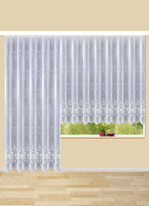 Klassisch - Store mit Plauener Stickerei und Universalschienenband Ansicht 4 Klassisch - Store mit Plauener Stickerei und Universalschienenband, in Größe 159 (H145xB250 cm) bis 301 (H245xB750 cm), in Farbe WEISS, in Ausführung Körbchen Ansicht 4