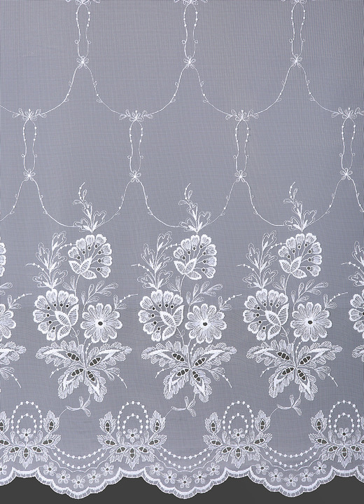 Klassisch - Store mit Plauener Stickerei und Universalschienenband Ansicht 6 Klassisch - Store mit Plauener Stickerei und Universalschienenband, in Größe 159 (H145xB250 cm) bis 301 (H245xB750 cm), in Farbe WEISS, in Ausführung Körbchen Ansicht 6