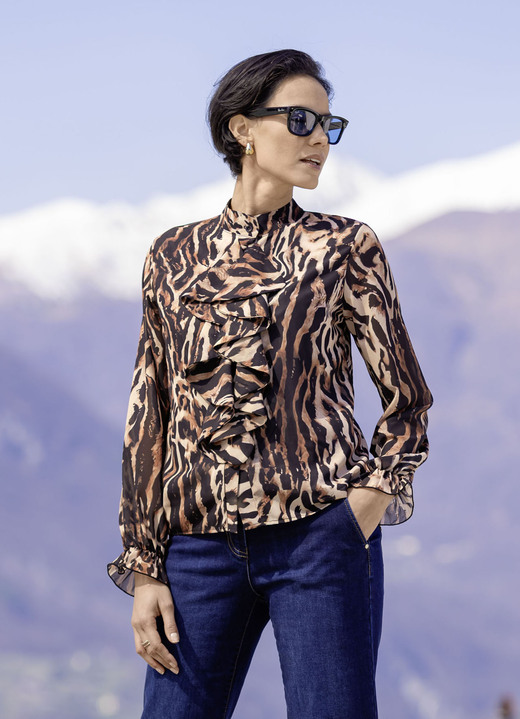 Langarm - Bluse mit verspielten Volants, in Größe 036 bis 052, in Farbe SCHWARZ-BRAUN-BEIGE Ansicht 1