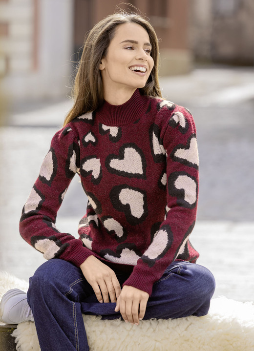 Langarm - Pullover mit Herzmotiven, in Größe L(44/46) bis XS(32/34), in Farbe WEINROT-SCHWARZ-ECRU Ansicht 1