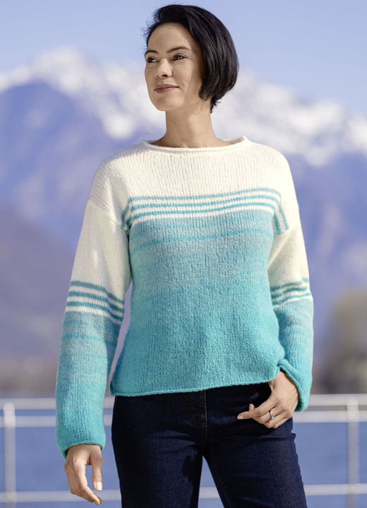 Langarm - Pullover mit Ringelmuster, in Größe L(44/46) bis XS(32/34), in Farbe ECRU-TÜRKIS MELIERT Ansicht 1