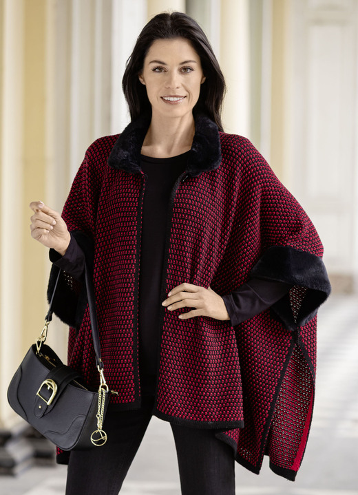 Strickwesten - Poncho mit Kunstpelzbesätzen, in Größe 1(36-42) bis 3(50-54), in Farbe SCHWARZ-ROT Ansicht 2