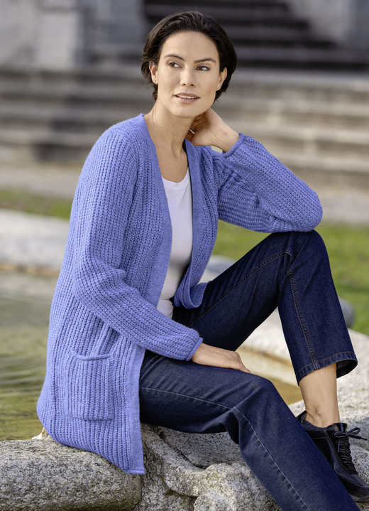 Strickjacken - Long-Strickjacke in Perlfang Strickjacken - Long-Strickjacke in Perlfang, in Größe L(44/46) bis XXL(52/54), in Farbe JEANSBLAU MELIERT