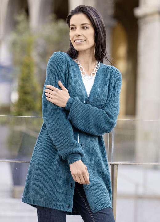 Strickjacken - Long-Strickjacke in Perlfang, in Größe 038 bis 054, in Farbe PETROL MELIERT Ansicht 2