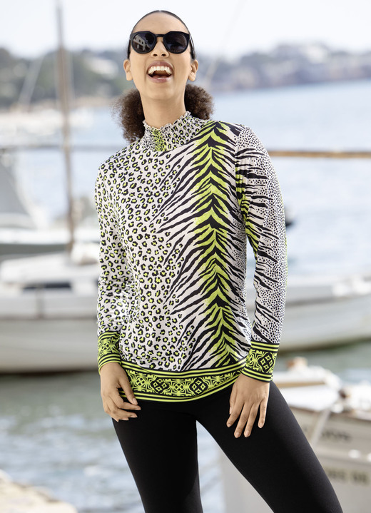 Langarm - Shirt mit farbbrillantem Allover-Dessin in 2 Farben, in Größe 036 bis 052, in Farbe ROYALBLAU-SCHWARZ-TAUPE Ansicht 3