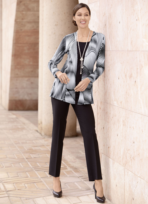 Longshirts - Faszinierendes Longshirt in Jackenoptik, in Größe 038 bis 054, in Farbe SCHWARZ-WEISS Ansicht 2