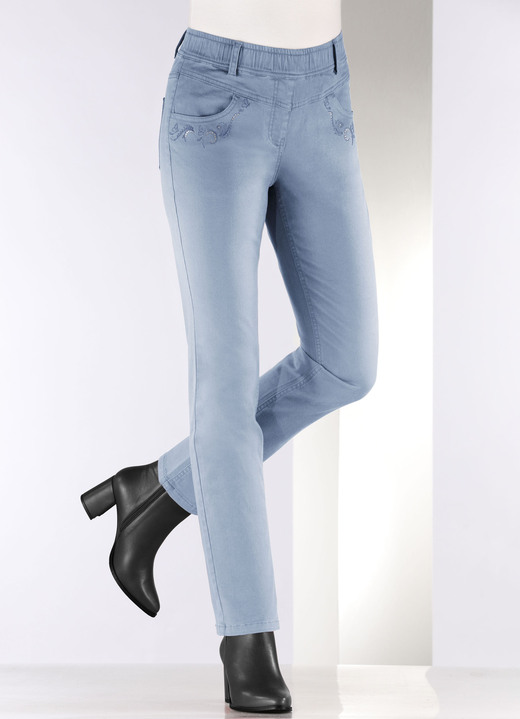 Hosen in Schlupfform - Hose mit funkelnden Glitzersteinchen Ansicht 23 Hosen in Schlupfform - Hose mit funkelnden Glitzersteinchen, in Größe 018 bis 052, in Farbe JEANSBLAU Ansicht 23
