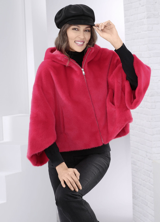 Kunstpelzjacken - Kurzjacke in Cape-Form, in Größe 034 bis 050, in Farbe ROT Ansicht 3