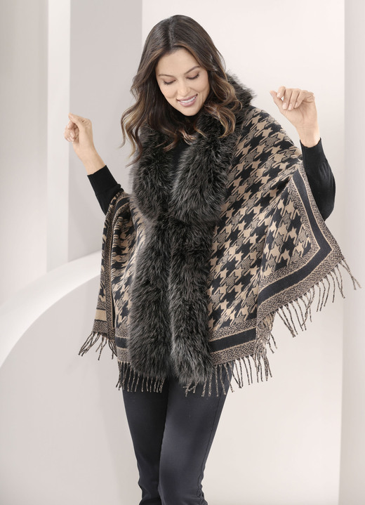 Ponchos - Poncho mit trendstarkem Hahnentritt-Dessin, in Farbe CAMEL-SCHWARZ Ansicht 1