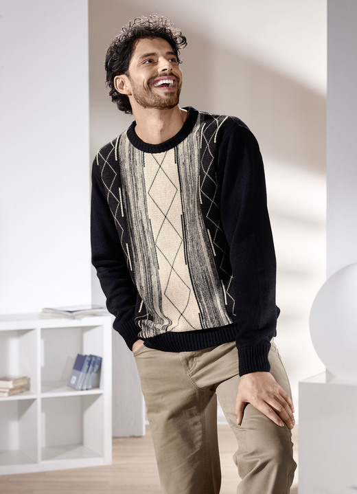 Gemustert - Rundhalspullover mit Jacquarddessin, in Größe 046 bis 062, in Farbe SCHWARZ-BEIGE Ansicht 2