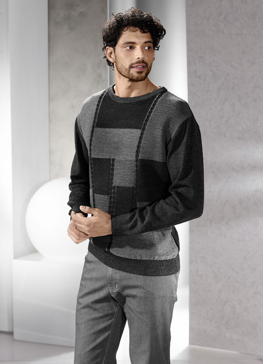 Gemustert - Rundhalspullover in 2 Farben, in Größe 046 bis 062, in Farbe BORDEAUX-MARINE MELIERT Ansicht 4