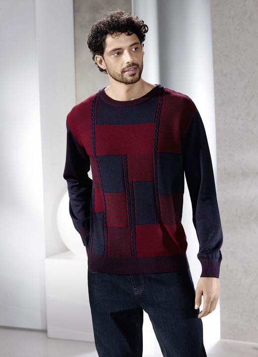 Gemustert - Rundhalspullover in 2 Farben, in Größe 046 bis 062, in Farbe BORDEAUX-MARINE MELIERT Ansicht 3