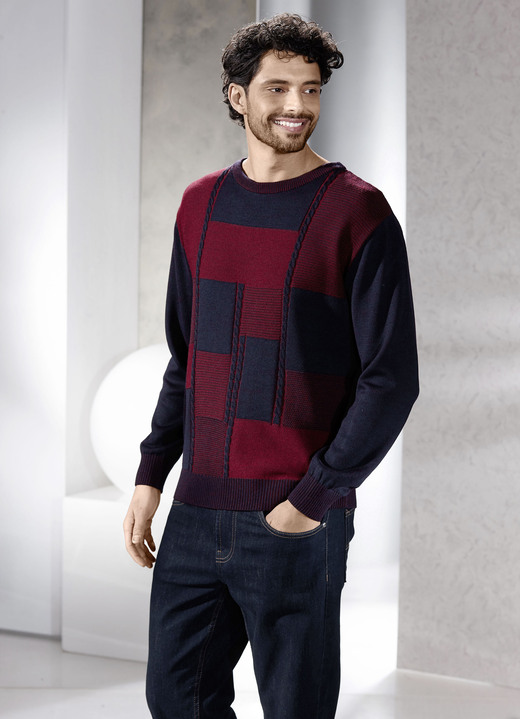 Gemustert - Rundhalspullover in 2 Farben, in Größe 046 bis 062, in Farbe BORDEAUX-MARINE MELIERT Ansicht 2